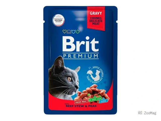 Brit Premium влажный корм Adult для взрослых кошек с говядиной и горошком в соусе 85 г