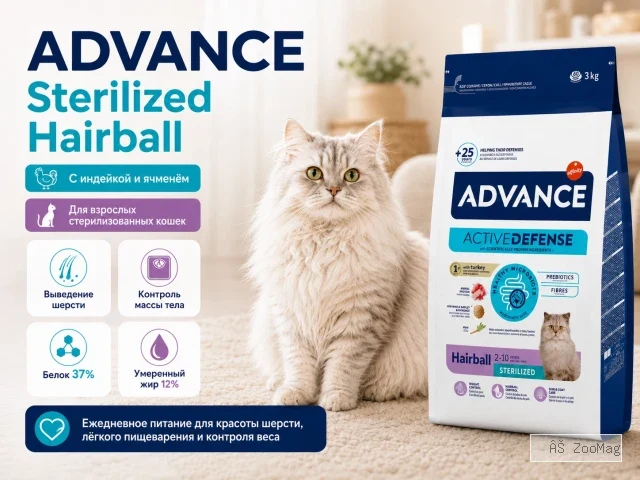 Advance Sterilized Hairball с индейкой и ячменём — сухой корм для стерилизованных кошек, 3 кг