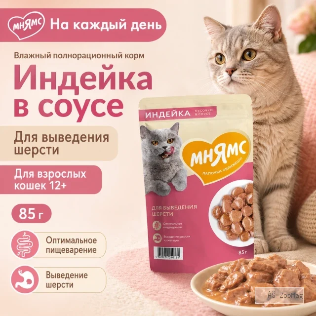 Мнямс На каждый день Влажный корм с индейкой для взрослых кошек, выведение шерсти, 85 г
