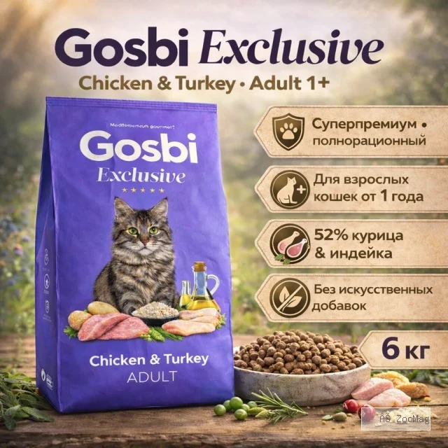 Gosbi Exclusive Chicken & Turkey Adult — сухой корм для кошек 1+, 6 кг