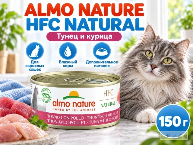 Almo Nature HFC для кошек из тунца и курицы, консервы 150 г