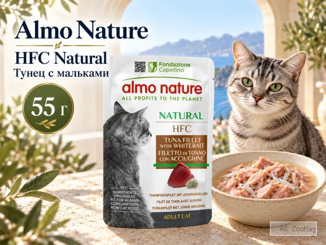 Almo Nature HFC Natural с тунцом и мальками влажный корм для взрослых кошек, 55 г
