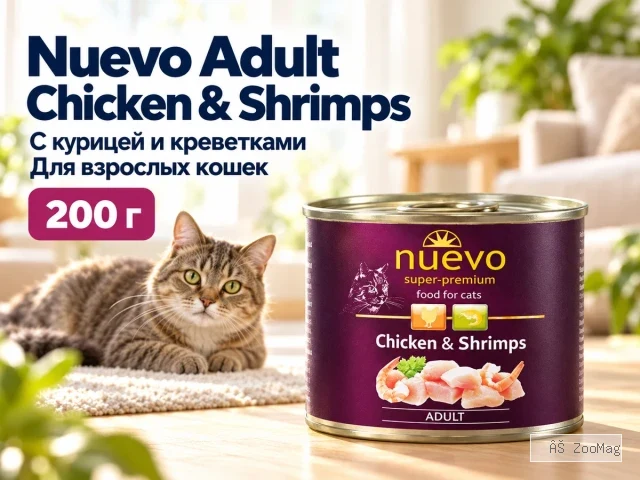 Nuevo влажный корм Adult Chicken and Shrimps для взрослых кошек с курицей и креветками 200 г
