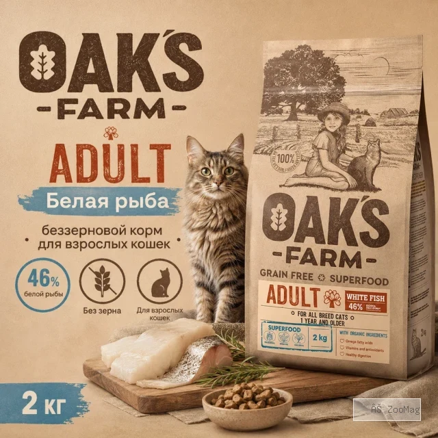 OAK’S FARM Grain Free White Fish Adult Cat беззерновой корм с белой рыбой для взрослых кошек 2 кг