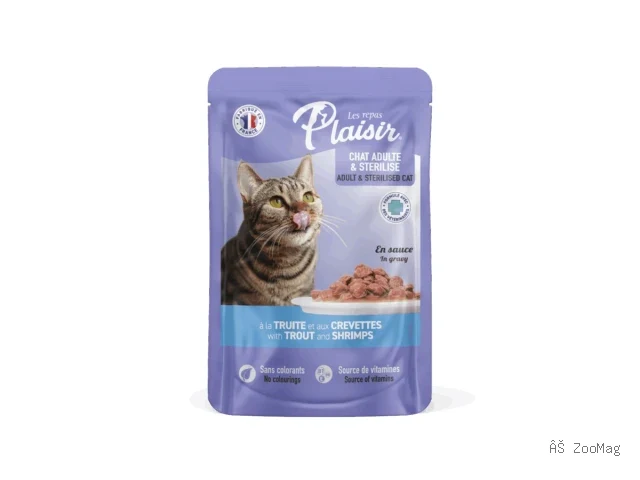 Plaisir влажный корм Cat Sterilised с форелью и креветками для кошек пауч 100 г