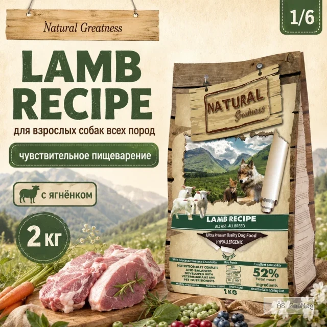 Natural Greatness Lamb Recipe Sensitive сухой корм для взрослых собак с чувствительным пищеварением с ягнёнком, 2 кг