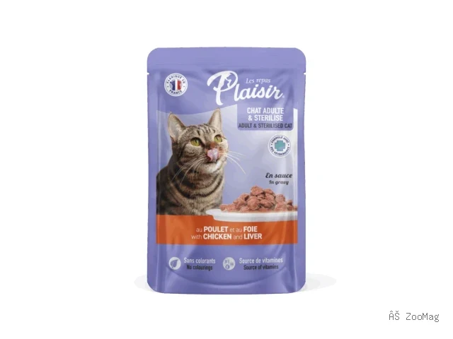 Plaisir влажный корм Cat Sterilised с курицей и печенью для кошек пауч 100 г