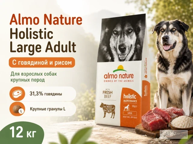Almo Nature Holistic Large Adult с говядиной и рисом — сухой корм для взрослых собак крупных пород, 12 кг