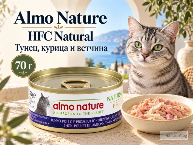 Almo Nature HFC Natural с тунцом, курицей и ветчиной влажный корм для взрослых кошек, 70 г