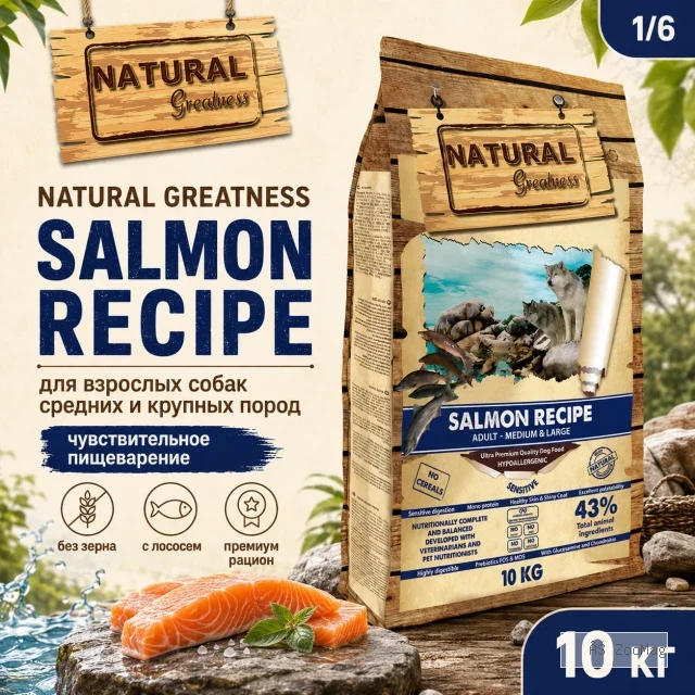 Natural Greatness Salmon Recipe Sensitive Adult Medium & Large сухой корм для взрослых собак средних и крупных пород с лососем, 10 кг