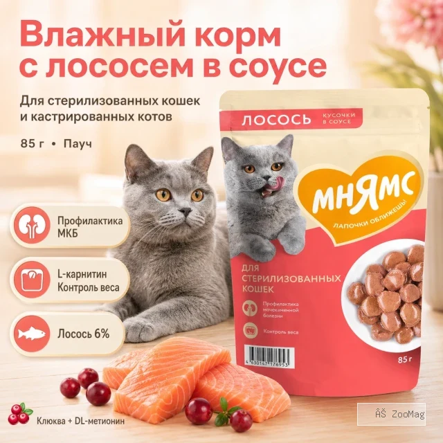 Мнямс Влажный корм для стерилизованных кошек и кастрированных котов с лососем в соусе, пауч 85 г