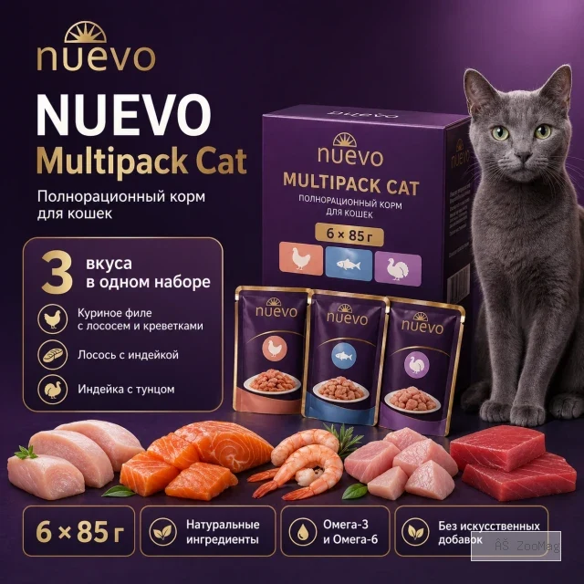 Nuevo Multipack Cat влажный корм для кошек, мультипак 3 вкуса, 6 × 85 г