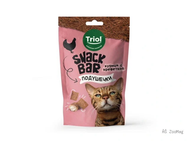Triol лакомство SNACK BAR мини-подушечки с начинкой из курицы и креветки для кошек, 30 г
