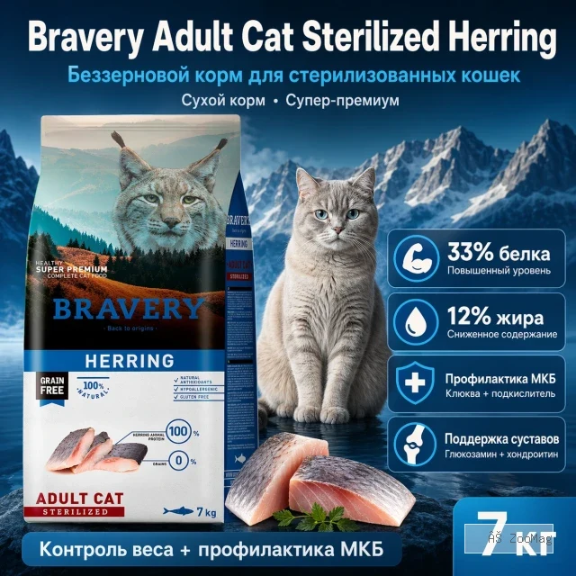 BRAVERY Adult Cat Sterilized Herring беззерновой сухой корм с сельдью для стерилизованных кошек, 7 кг