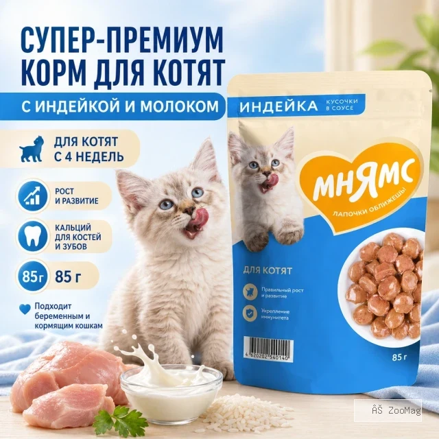 Мнямс На каждый день Влажный корм с индейкой и молоком для котят с 4 недель, 85 г