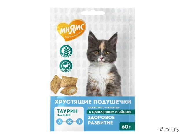 Мнямс хрустящие подушечки «Здоровый котёнок» с цыплёнком и яйцом для котят 60 г