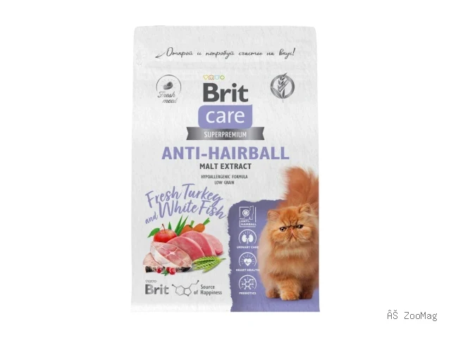 Brit Care сухой корм Anti Hairball для взрослых кошек с индейкой и белой рыбой 400 г