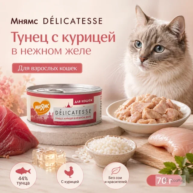 Мнямс Деликатес Тунец с курицей в нежном желе — дополнительный влажный корм для кошек, 70 г