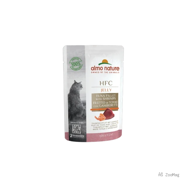 Almo Nature HFC Jelly влажный корм для кошек с филе тунца и креветками, пауч 55г