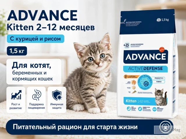 Advance Kitten с курицей и рисом — сухой корм для котят 2–12 месяцев, 1,5 кг