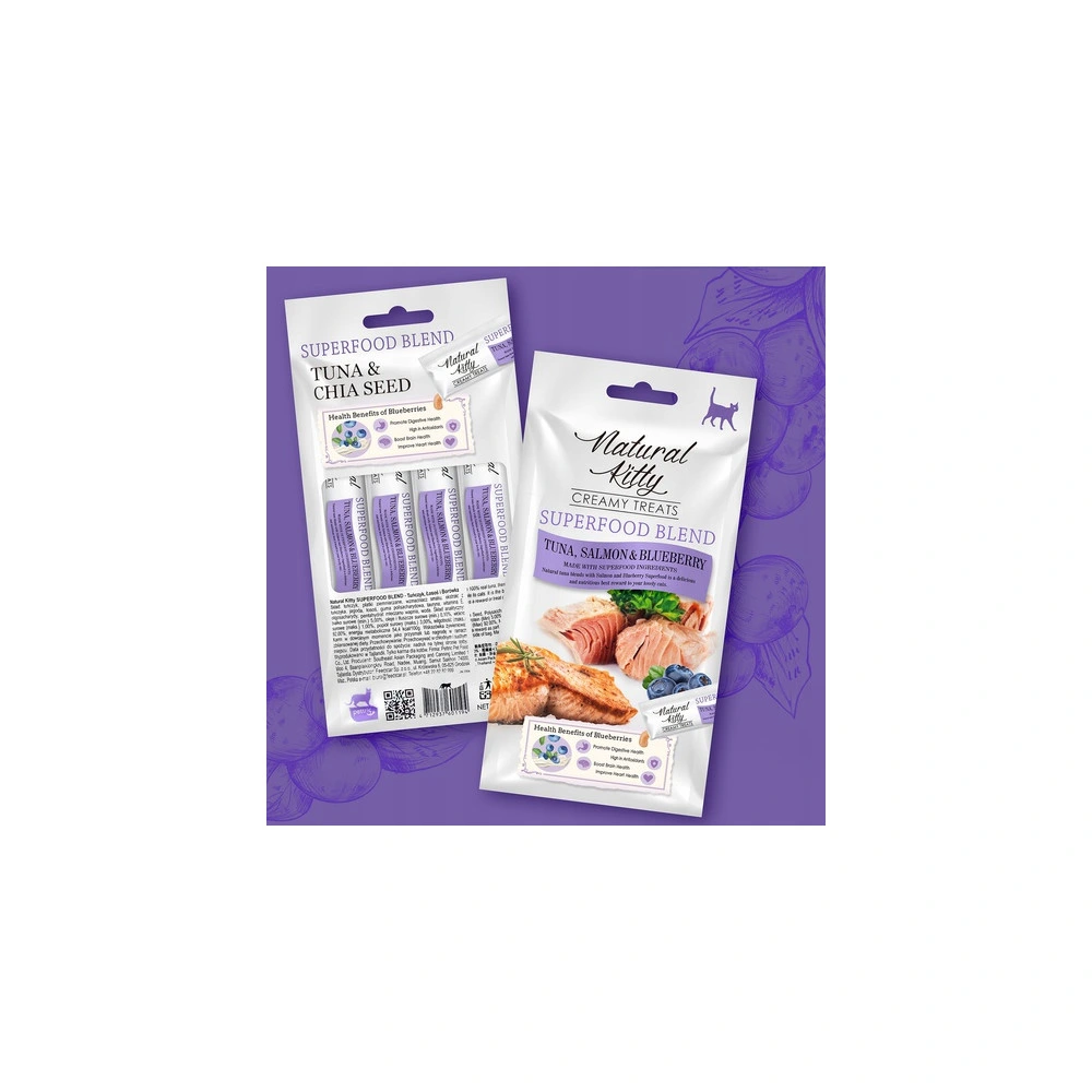 Natural Kitty Creamy Treats крем-суп с тунцом, лососем и черникой для кошек, 4×12 г