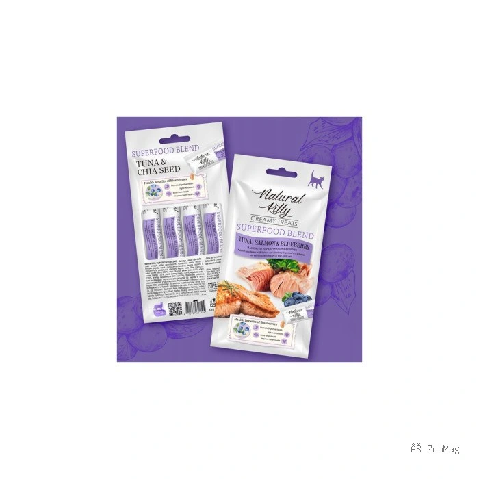 Natural Kitty Creamy Treats крем-суп с тунцом, лососем и черникой для кошек, 4×12 г