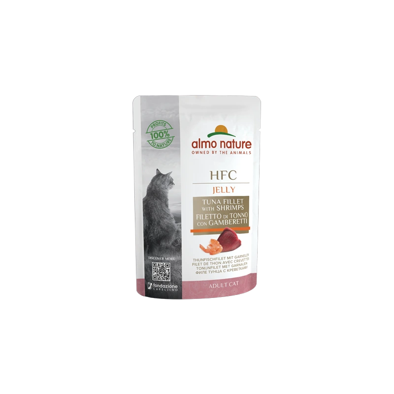 Almo Nature HFC Jelly влажный корм для кошек с филе тунца и креветками, пауч 55г