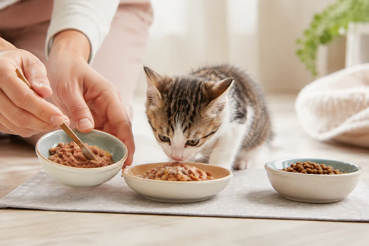 Котёнок знакомится с новым рационом